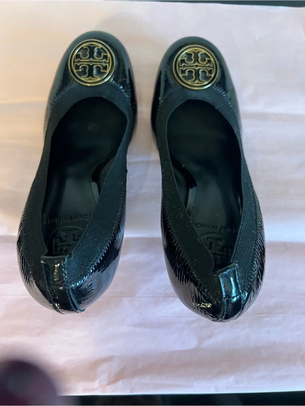 Tory Burch Black Patent Logo Round-Toe Pumps with Gold Emblem